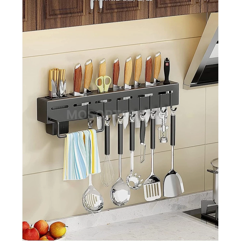 Полка-держатель для ножей и кухонных принадлежностей черная Multifunctional Kitchen Wall Mounted Knife Holder 40см оптом