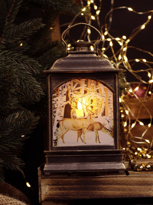Декоративный новогодний фонарь елочная игрушка с подсветкой Два Рождественских Оленя оптом