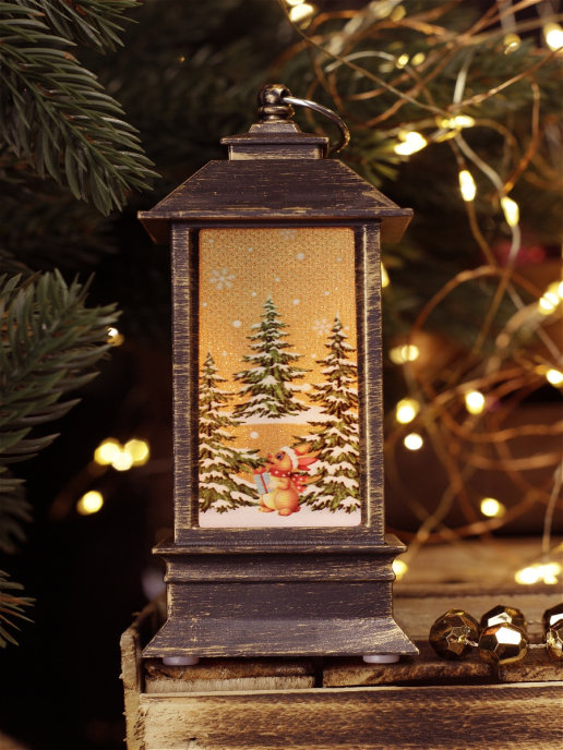 Декоративный новогодний фонарь елочная игрушка с подсветкой Рождественский Кролик в Лесу оптом