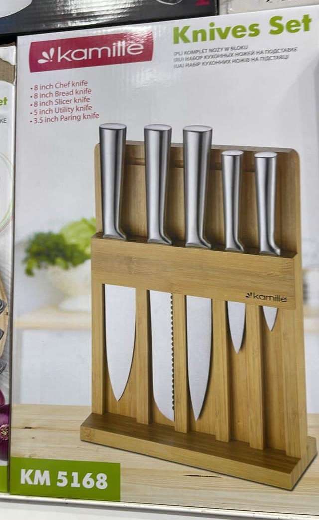 Набор кухонных ножей из нержавеющей стали на подставке Kamille KM-5168 (5 ножей + досточка) оптом - Фото №2
