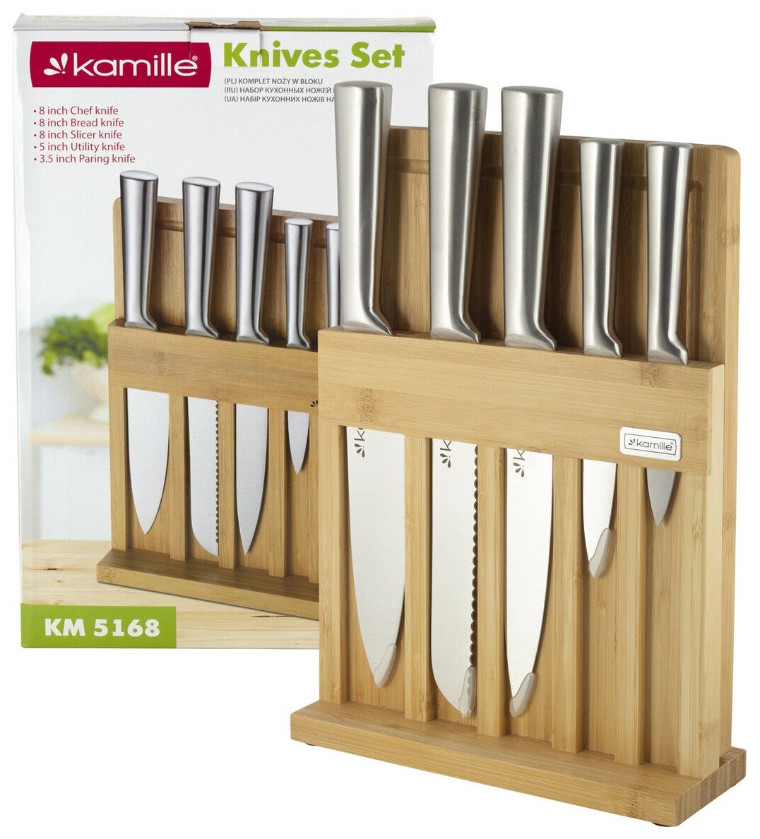 Набор кухонных ножей из нержавеющей стали на подставке Kamille KM-5168 (5 ножей + досточка) оптом