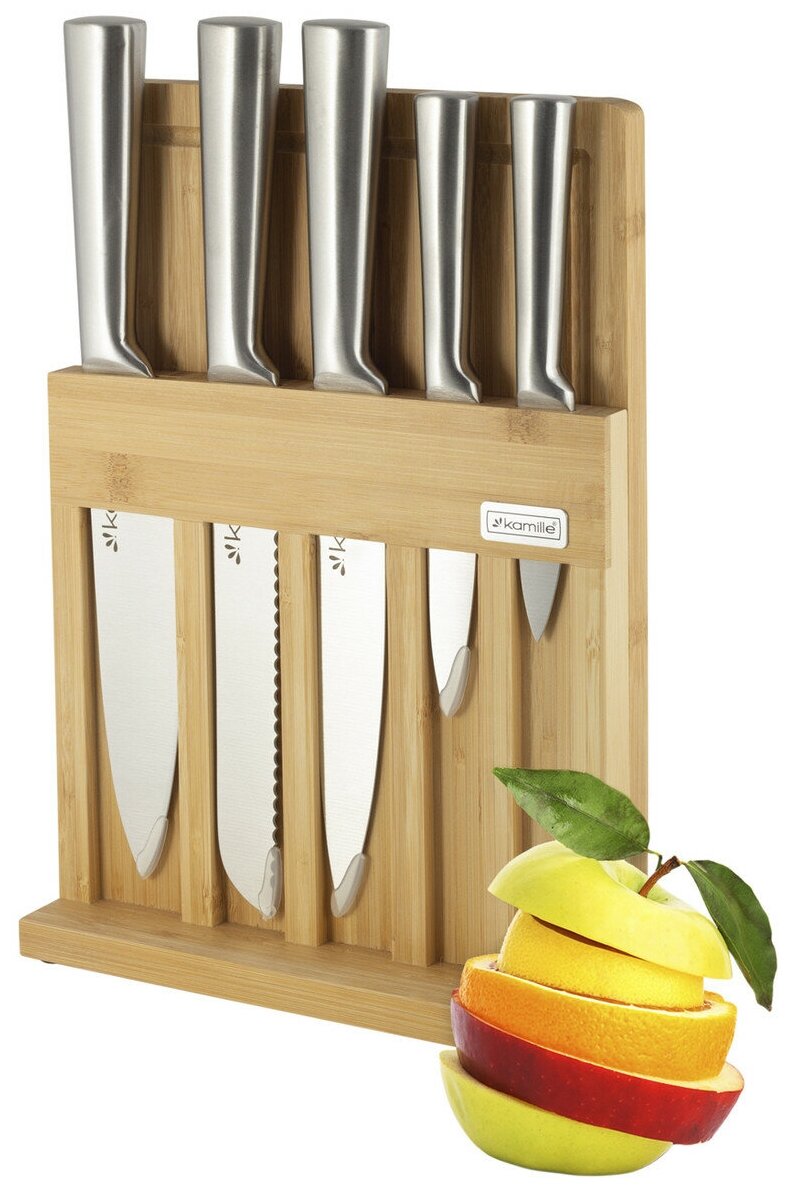 Набор кухонных ножей из нержавеющей стали на подставке Kamille KM-5168 (5 ножей + досточка) оптом - Фото №6