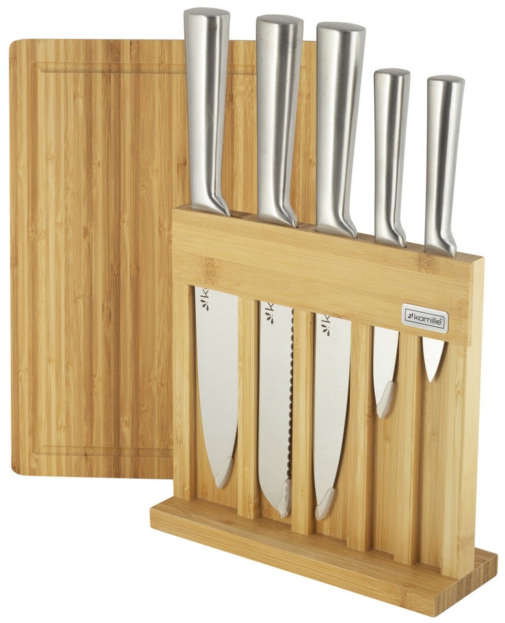 Набор кухонных ножей из нержавеющей стали на подставке Kamille KM-5168 (5 ножей + досточка) оптом - Фото №5