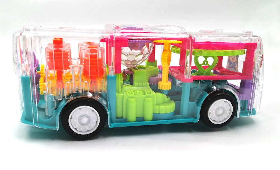 Прозрачная и светящаяся машинка Автобус с музыкальными эффектами, движущимися шестеренками, переключением режимов Gear Light Bus оптом