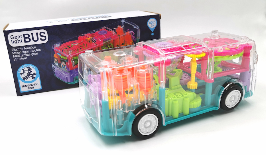 Прозрачная и светящаяся машинка Автобус с музыкальными эффектами, движущимися шестеренками, переключением режимов Gear Light Bus оптом - Фото №4