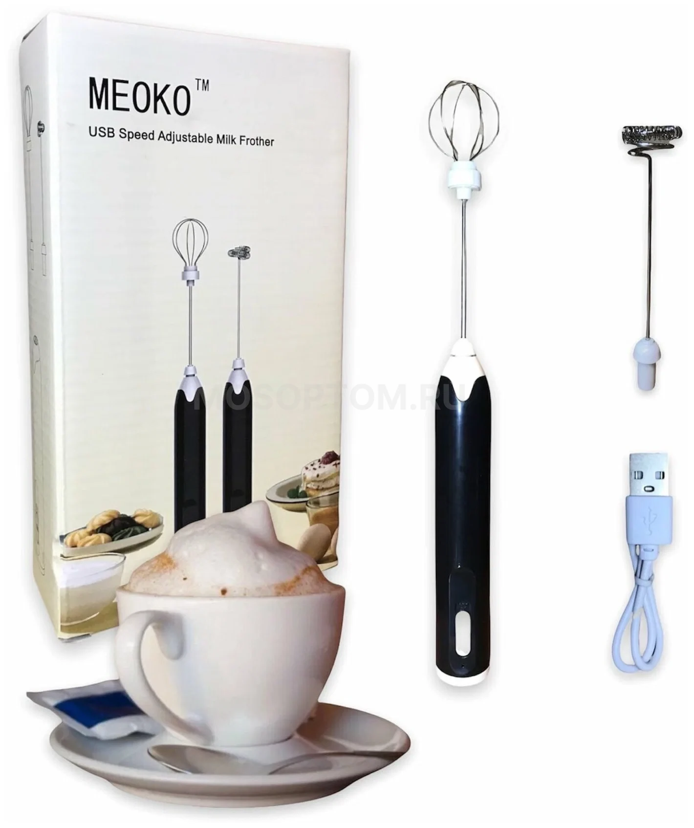 Портативный капучинатор для молока с двумя венчиками Meoko USB Speed Adjustable Milk Frother оптом - Фото №2