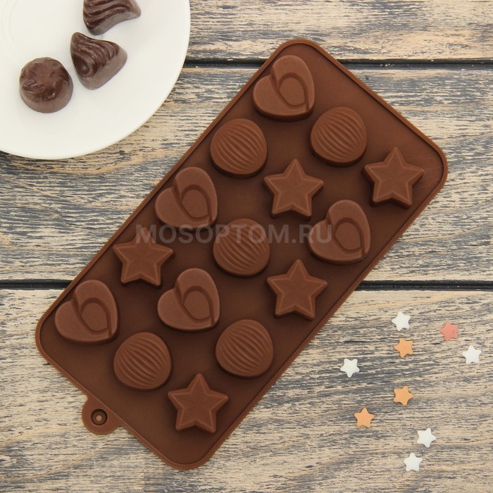 Форма силиконовая для шоколадных конфет Звезды, Ракушки, Сердца 15 ячеек оптом