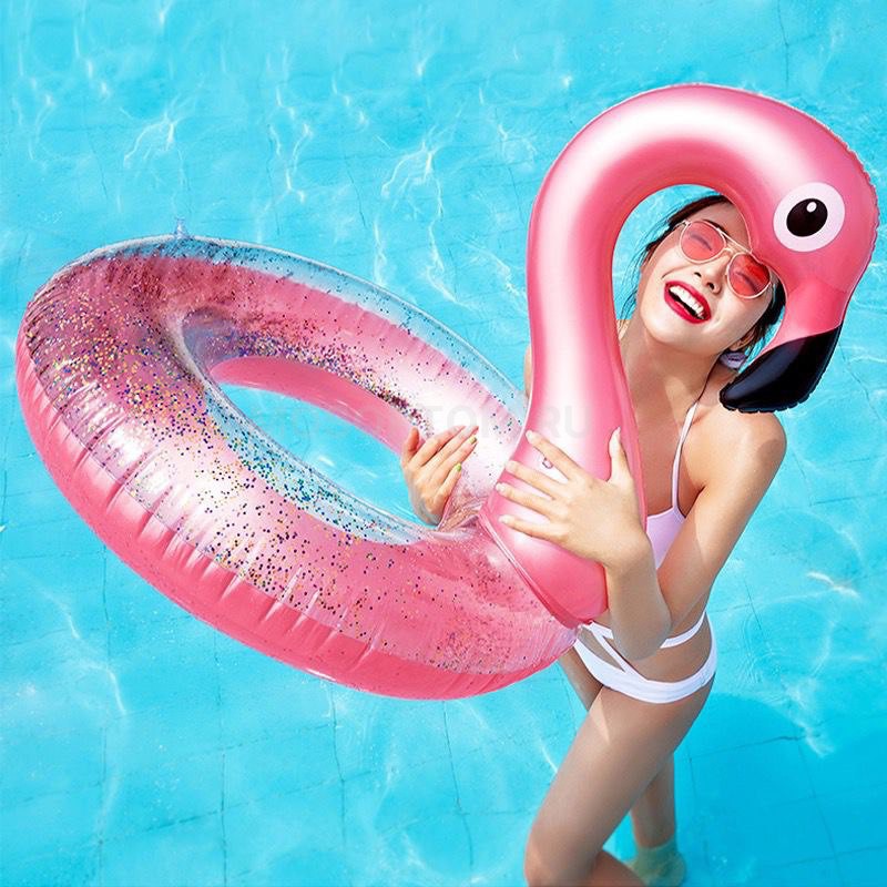 Детский надувной круг розовый Фламинго Flamingo с блёстками для плавания 90см оптом - Фото №4