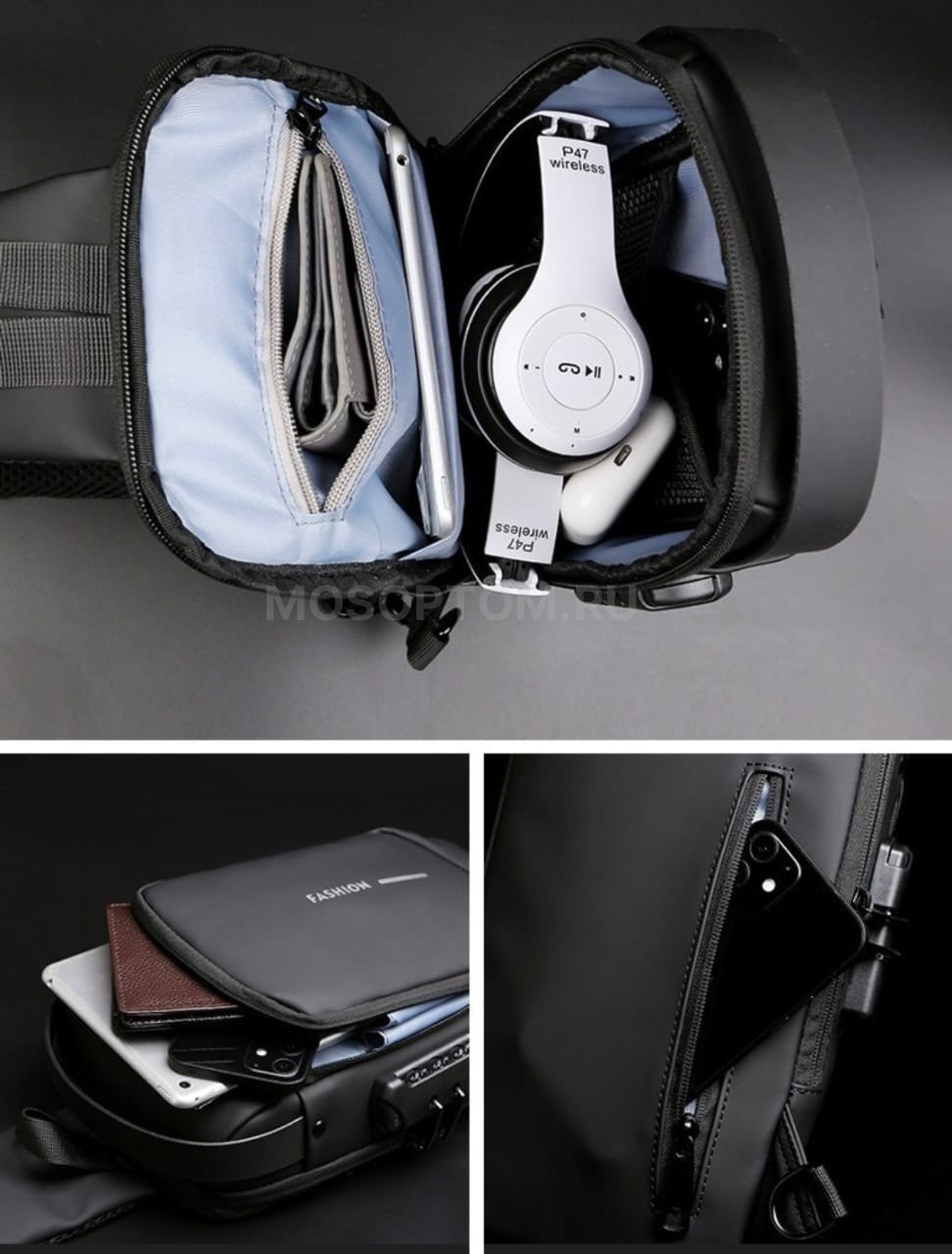 Мужская сумка кросс-боди с внешним USB-портом и кодовым замком Fashion оптом - Фото №3
