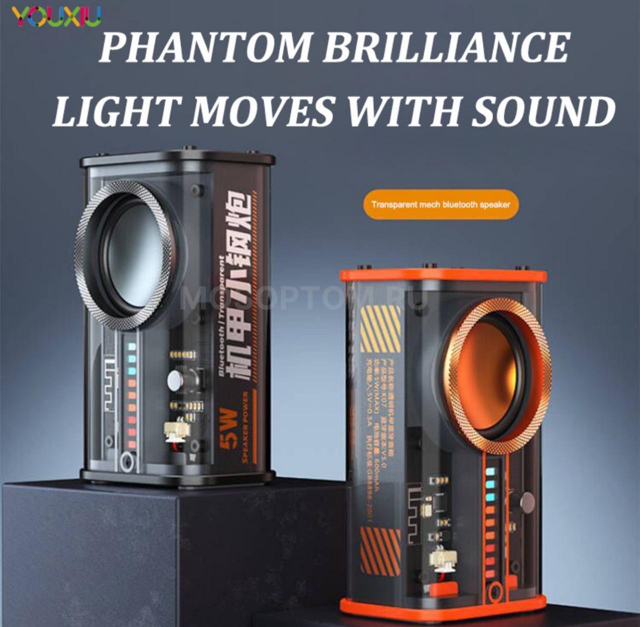 Беспроводная Bluetooth колонка с RGB-подсветкой и объемным звуком Transparent Mecha Bluetooth Speaker K07 5W 600mAh оптом - Фото №3