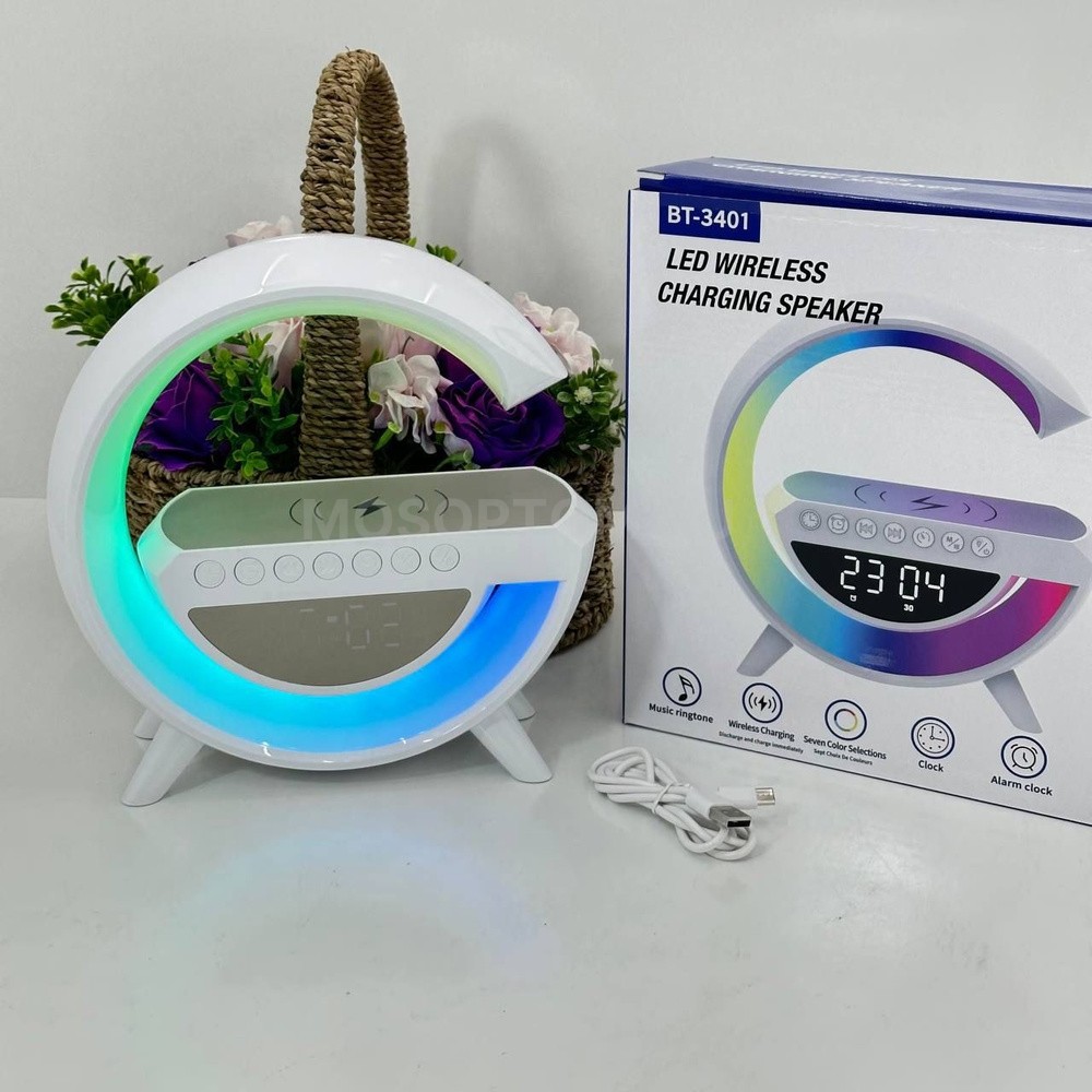Настольная Bluetooth колонка с зарядным устройством LED Wireless Charging Speaker BT-3401 качество АА оптом