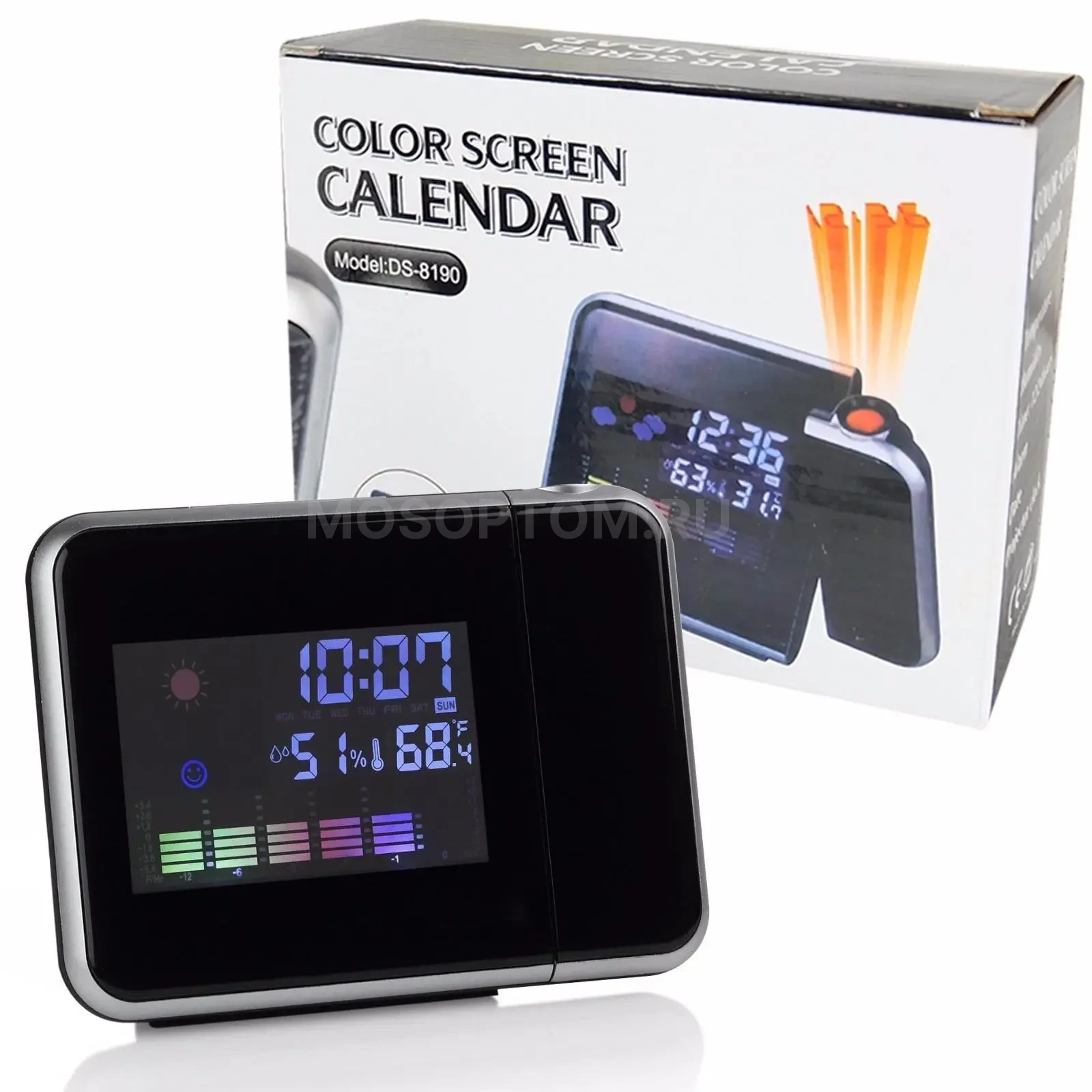 Цифровые часы, метеостанция, календарь с проекцией времени Color Screen Calendar DS-8190 черный оптом