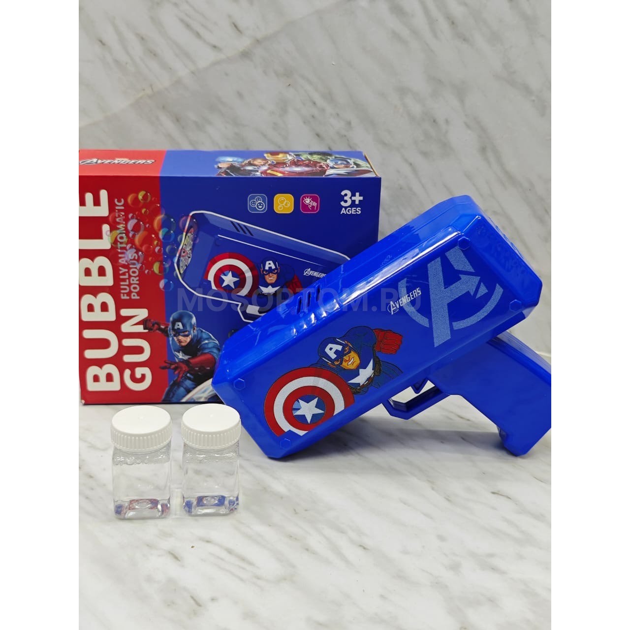 Пистолет для мыльных пузырей на батарейках Bubble Gun Avengers синий оптом